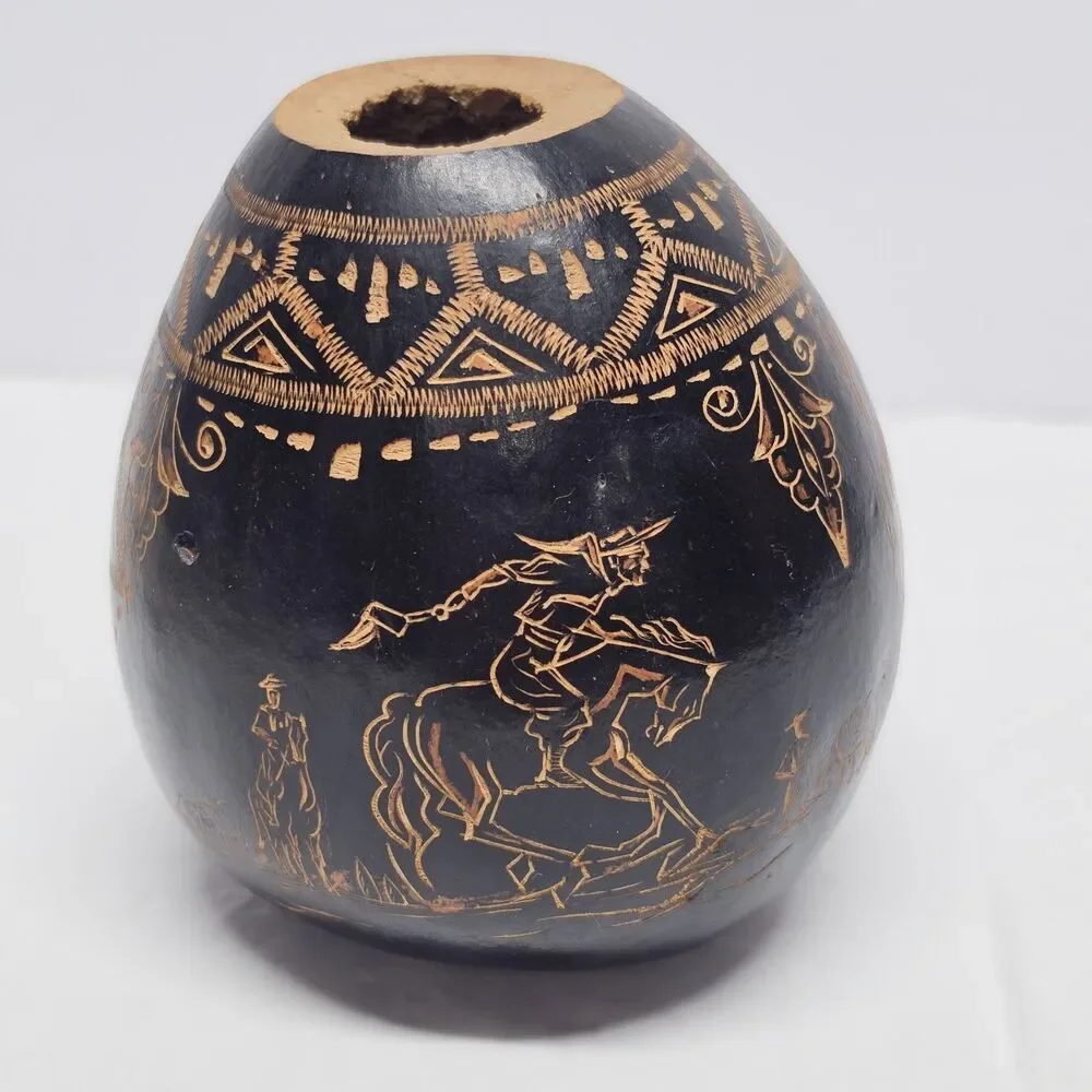 Hand Carved Gourd Vase Decor Tribal Rustic Ethnic Traditional Folk Art Uruguay
